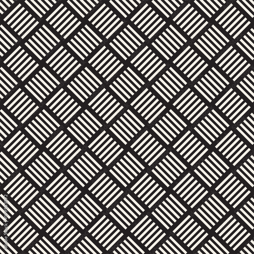 Crosshatch vector seamless geometric pattern. Crossed graphic rectangles background. Checkered motif. Seamless black and white texture of crosshatched lines. Trellis simple fabric print.