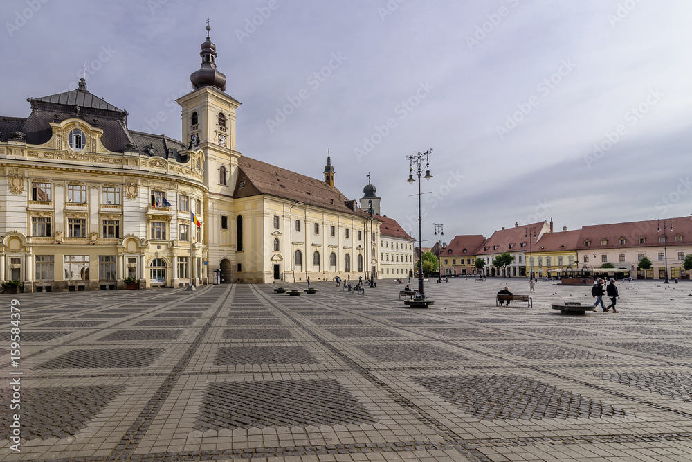 The famous Piata Mare, Large Square, in a moment of tranquility, Sibiu, Romania