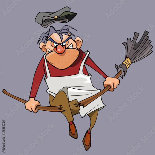 cartoon evil male janitor breaks the broom on his knee