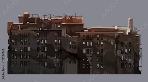 cartoon old dilapidated multi-storey building