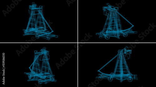Photo 3d rendering - wireframe model of antique big old wooden catapult with the big stones