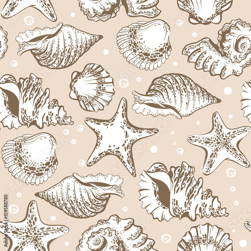 Seamless pattern, beige shells and starfish with bubbles