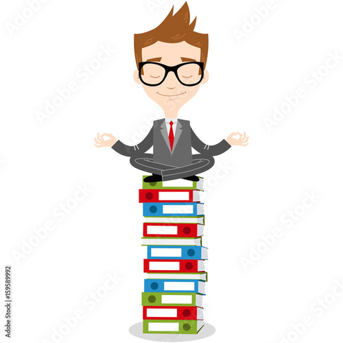 Calm caucasian cartoon businessman meditating whilst sitting on top of a stack of folders