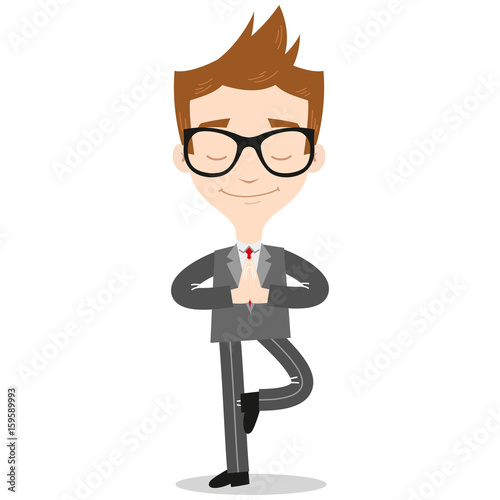 Smiling caucasian cartoon businessman meditating, standing on one leg doing yoga
