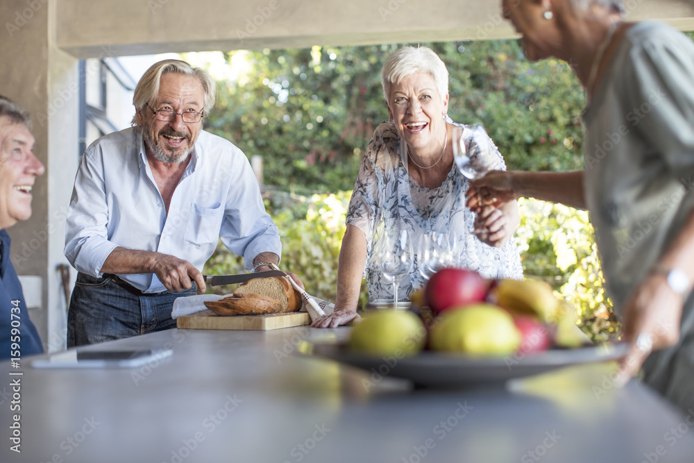 Two senior couples having fun together on terrace Two senior couples having fun together on terrace