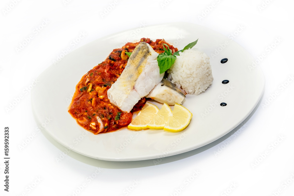Fish dish - fried fish fillet white rice and vegetables
