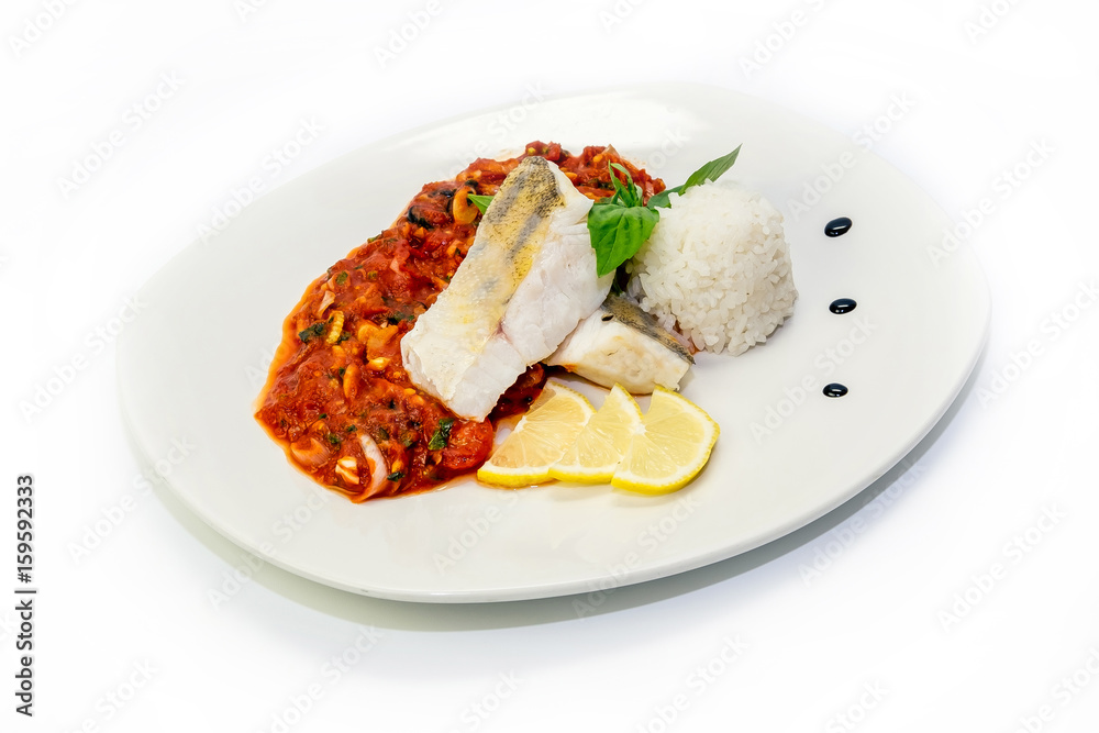Fish dish - fried fish fillet white rice and vegetables Fish dish - fried fish fillet white rice and vegetables
