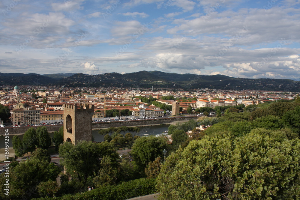 Panoramic view over Florence Italy with city river, Tuscany, Italy.