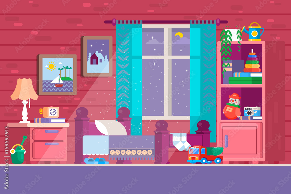 Some Kid Bedroom. Illustration of a cartoon children bedroom with boy or girl lifestyle elements, toys, bed, books, desk, bookshelf. Sleeping time. Vector illustration.