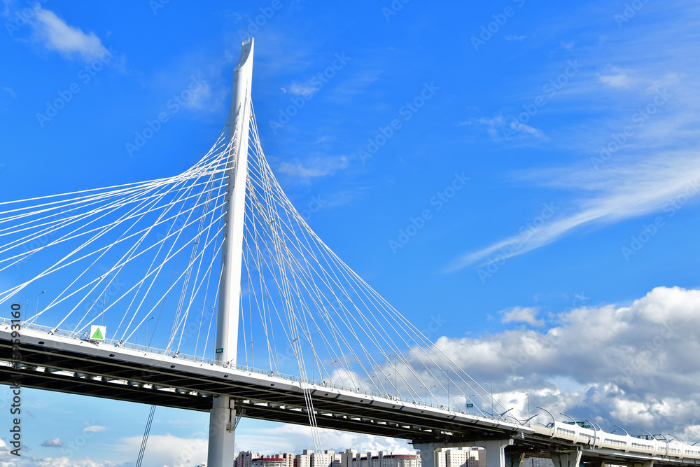 Fototapeta premium Suspension bridge over the river Neva in the city of St. Petersburg