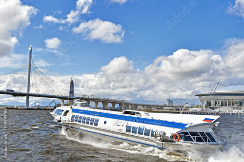 Boat on an air cushion on the Neva River in the city of St. Petersburg. Water walks