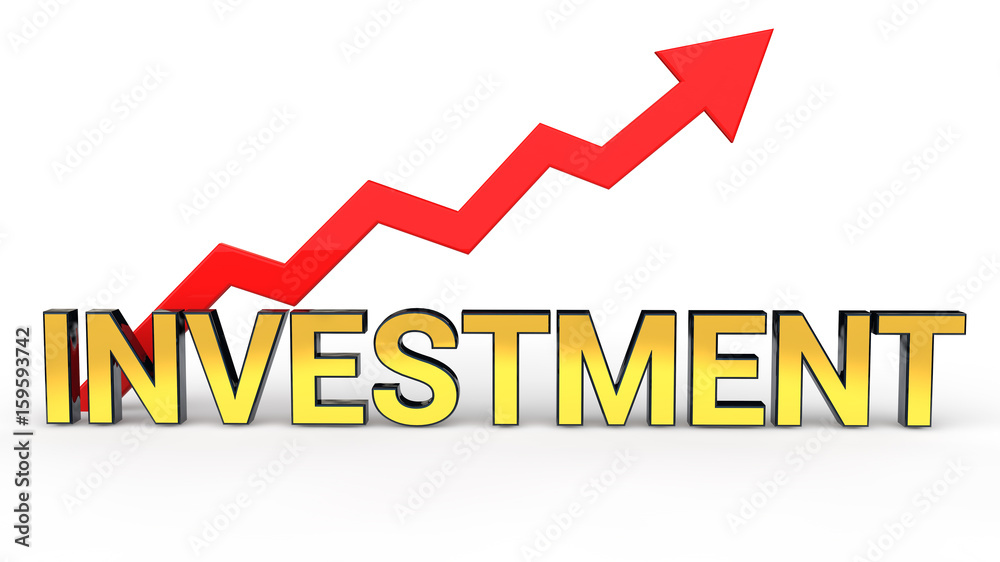 3D rendering of golden word 'Investment' with rising red arrow 3D rendering of golden word 'Investment' with rising red arrow