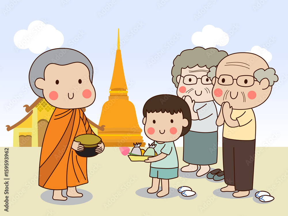 Φωτογραφία Buddhist novice holding alms bowl in his hands to receive food offering from standing boy and standing elderly couple with temple background