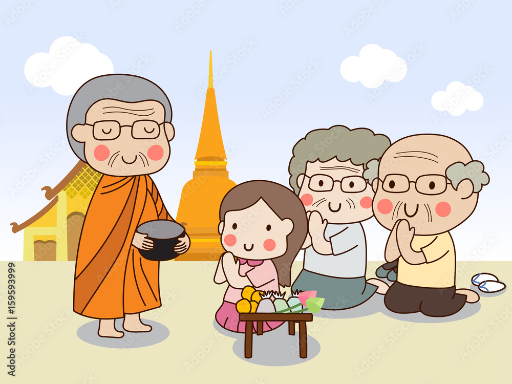 Φωτογραφία Buddhist monk holding alms bowl in his hands to receive food offering from sitting girl and sitting elderly couple with temple background