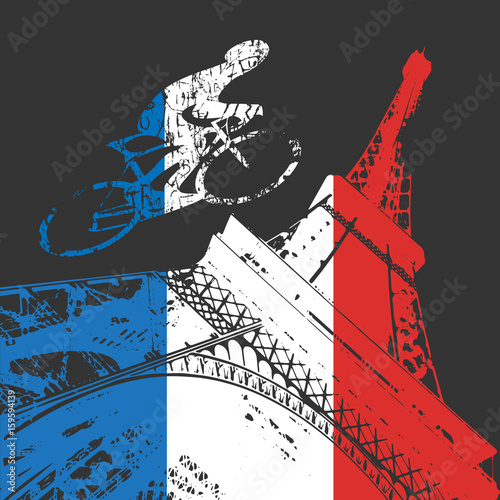 Cyclist and Eiffel tower silhouette in France flag colors