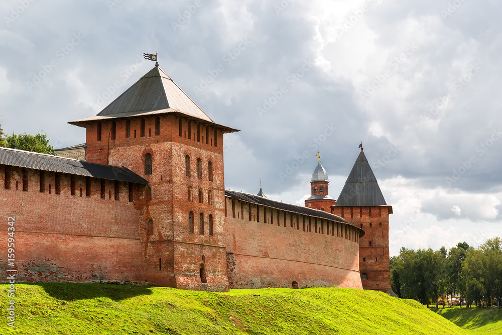 Old towers of Veliky Novgorod Kremlin, Russia