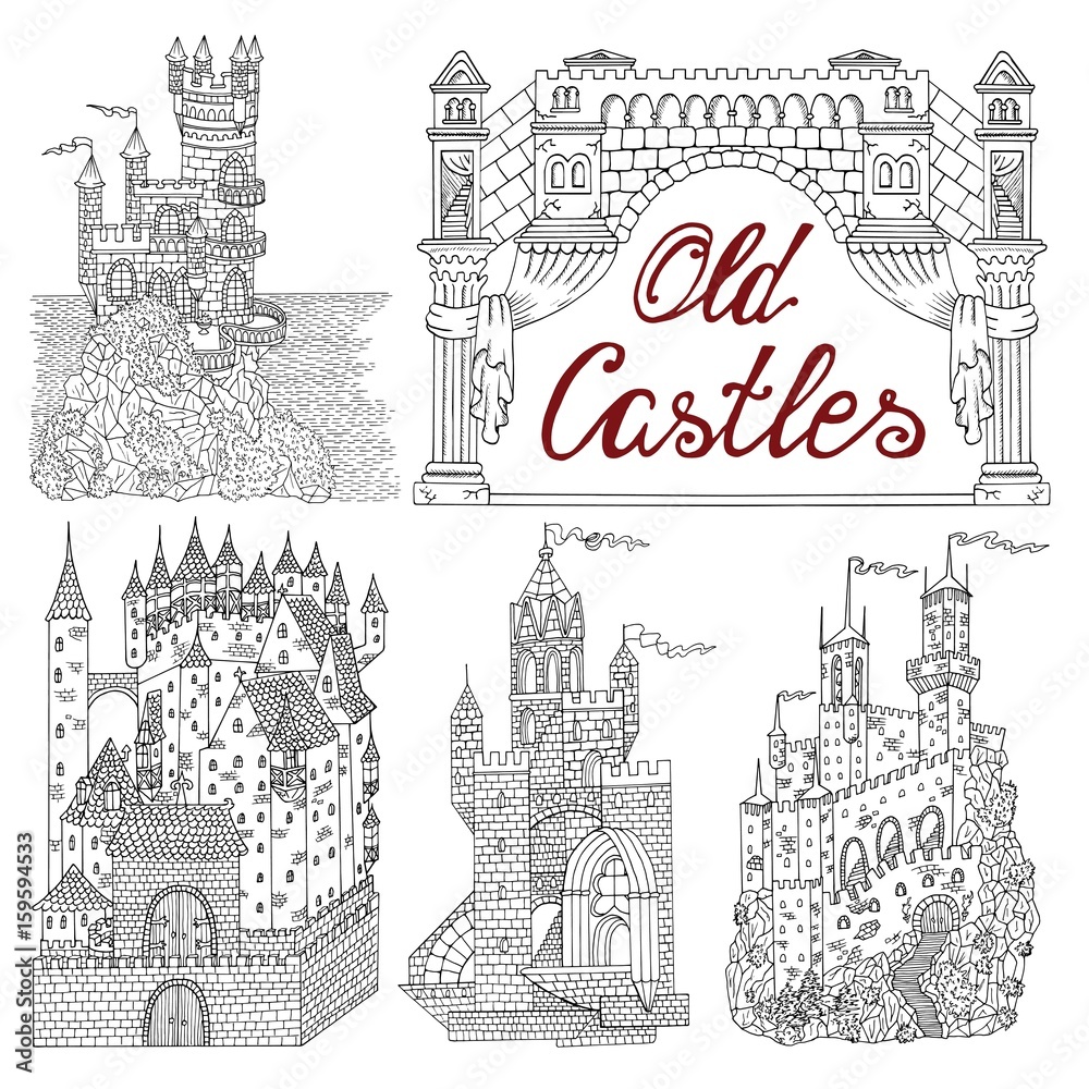 Graphic set with old castles and vintage frame on white