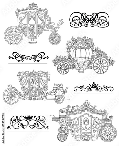 Graphic set with old carriages and vintage vignette patterns on white
