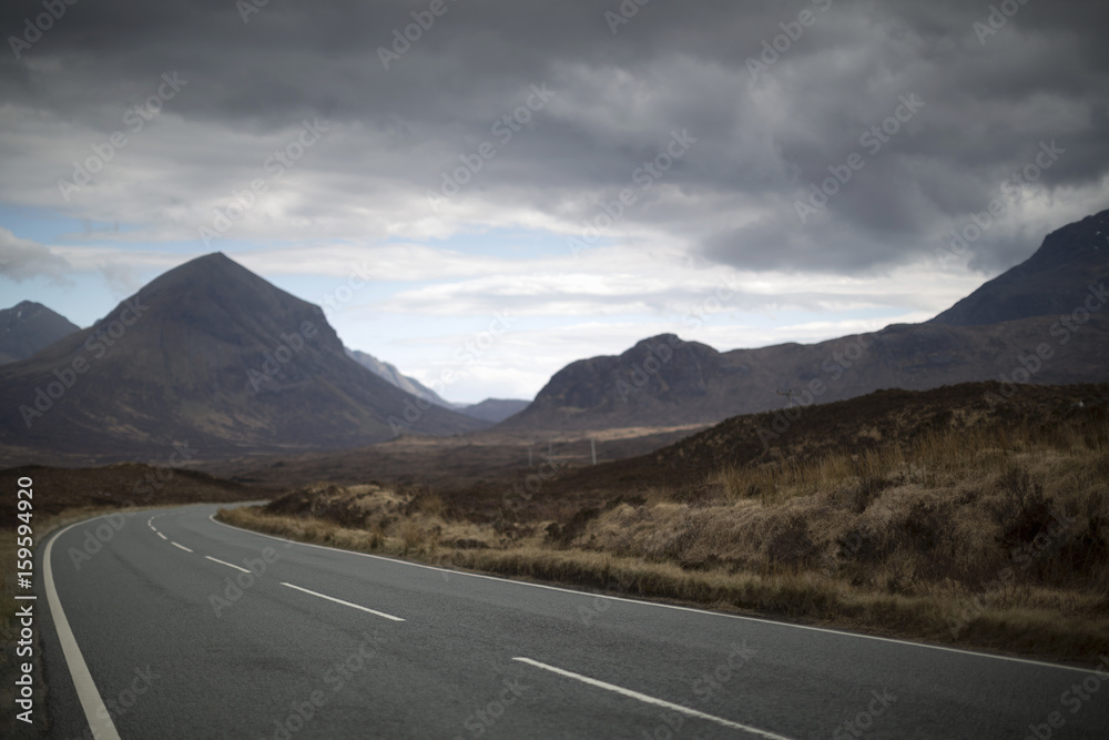 Road leading through Cuillin mountains, Sligachan, Isle of Skye, Scotland Road leading through Cuillin mountains, Sligachan, Isle of Skye, Scotland