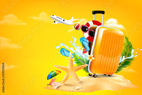 Air plane open luggage travel case with Starfish flower palm leaf sand beach element on yellow background for summer travel concept vector illustration