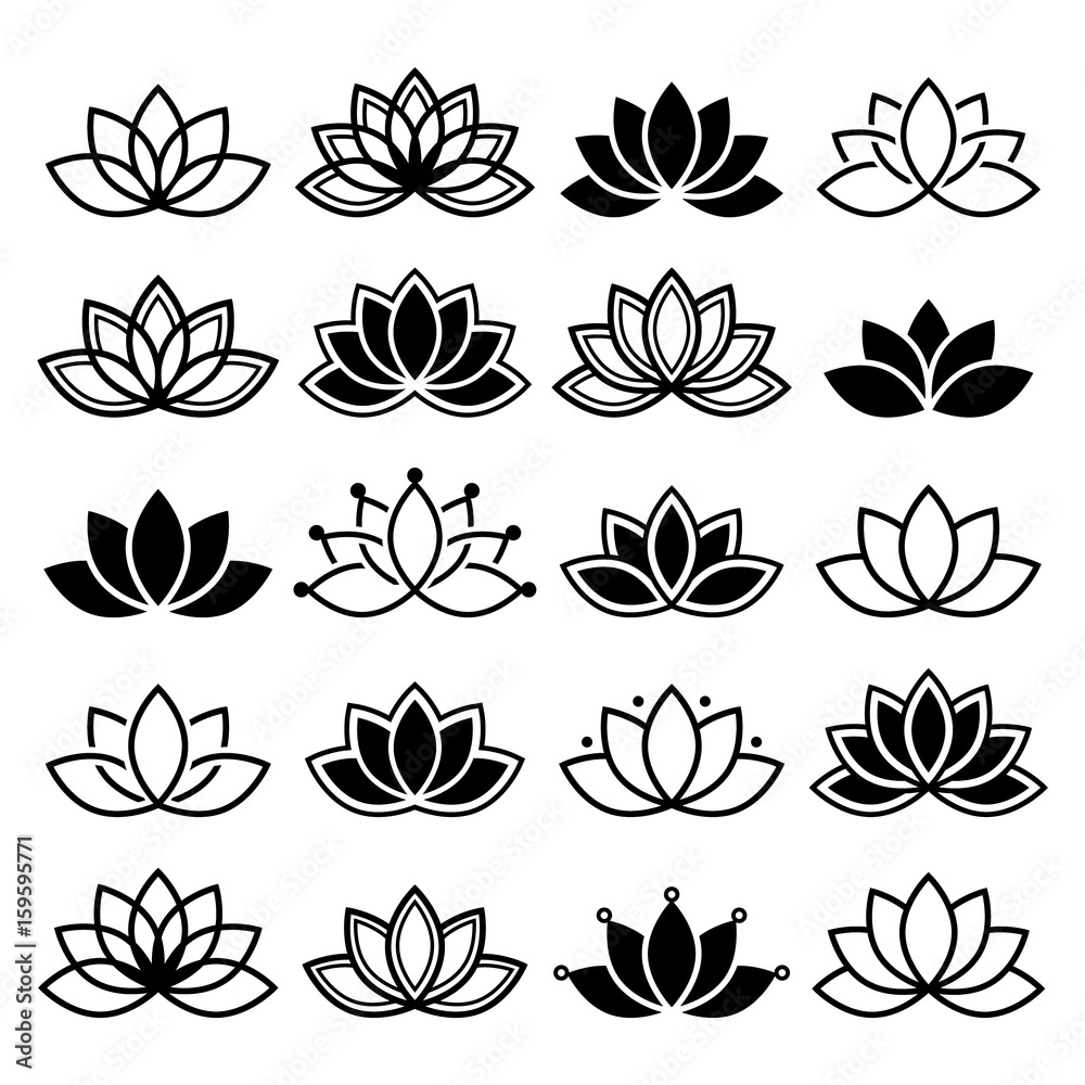 Naklejka premium Projekt kwiat lotosu, zestaw, kolekcja abstrakcyjna wektora jogi