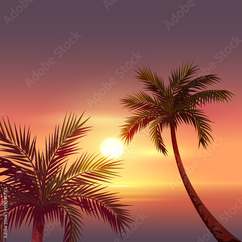 Fototapeta Naklejka Na Ścianę i Meble -  Sunset on tropical island. Black silhouette of palm tree in red sky