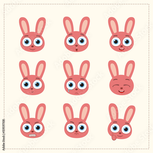 Set funny bunny rabbit different emotion. Collection emoticons of cartoon bunny rabbit isolated.