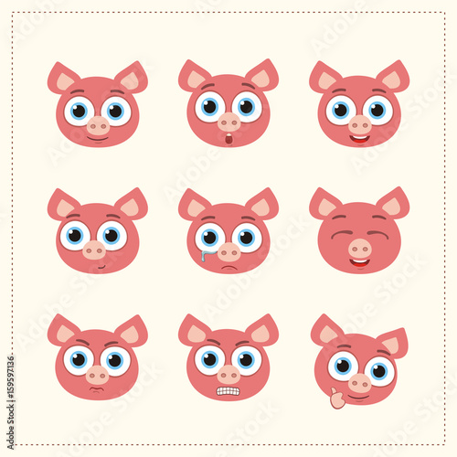 Set funny pig different emotion. Collection emoticons of cartoon pig isolated.