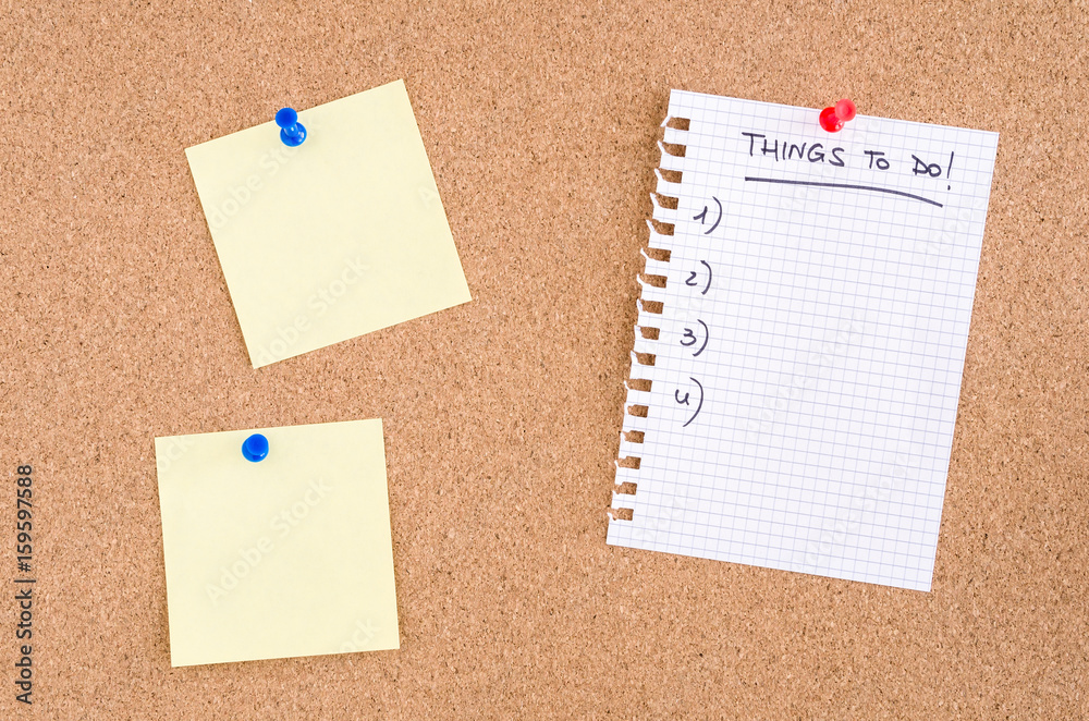 Things to Do List Pinned to a Noticeboard along with two Blank Notices Things to Do List Pinned to a Noticeboard along with two Blank Notices