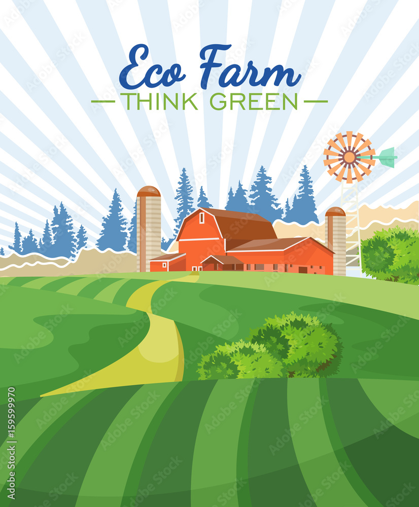 Farm rural landscape. Agriculture vector illustration.  Colorful countryside. Poster with retro village and farm
