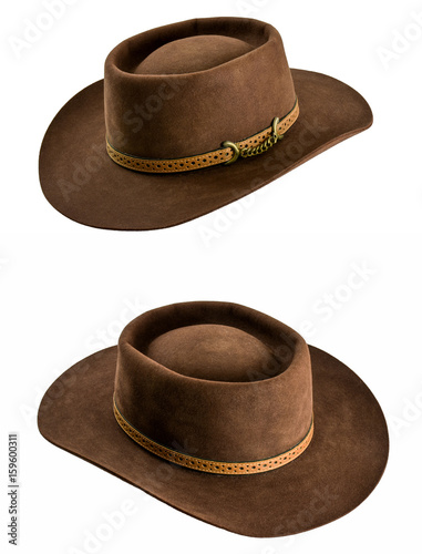 Vintage cowboy felt hat, left and right angular perspective view,isolated.