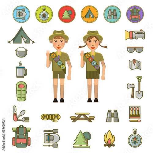 Scout boy and girl and equipment signs around