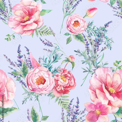 Watercolor lavender and garden flowers seamless pattern. Hand drawn peony, roses, tulip, fern leaves repeating texture on pastel background. Floral wallpaper design