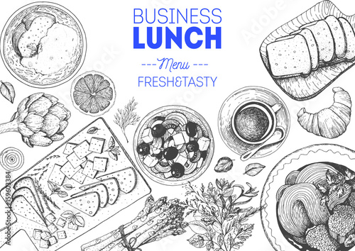 Business lunch top view frame. Food menu design. Vintage hand drawn sketch vector illustration.