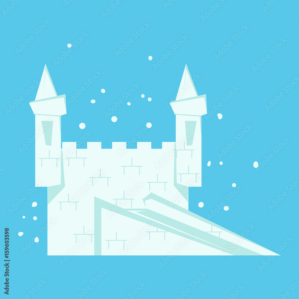 White snow castle with staircase and towers, character vector Illustration