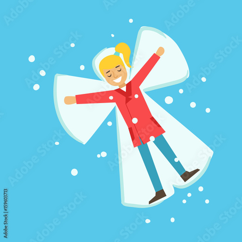 Happy girl having fun while making snow angel lying on a snow. Winter activity colorful character vector Illustration