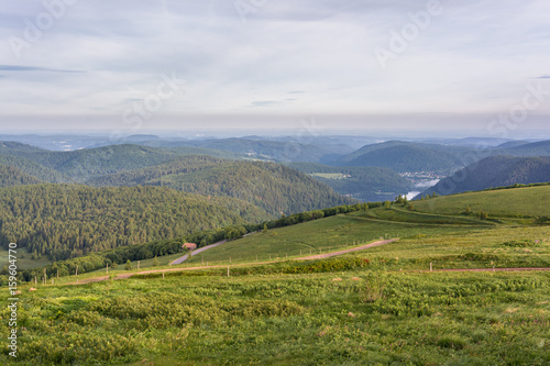 French countryside - Vosges. A cow pasture and road in the Vosges with a beautiful view of the countryside and a lake.