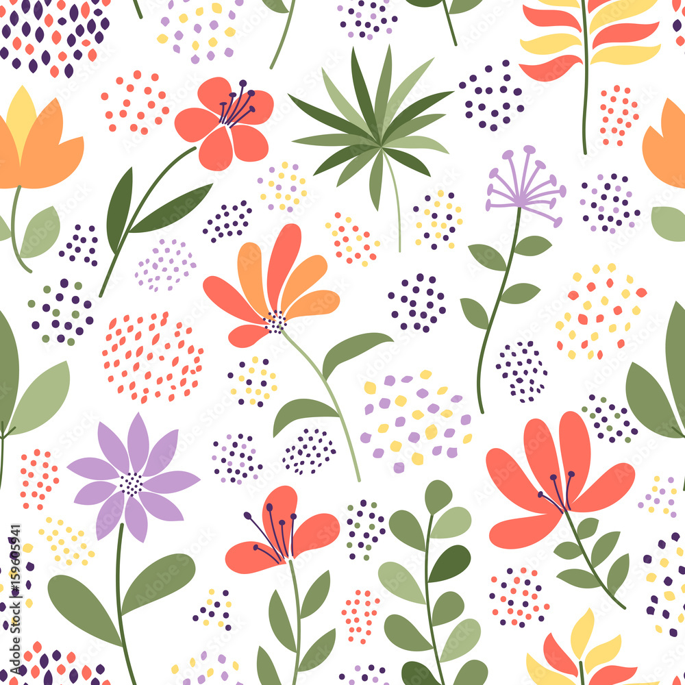 Simple doodle flower and dots pattern. Seamless cute multicolor floral  background. Vector illustration. The elegant template for fashion prints.  Stock Vector | Adobe Stock