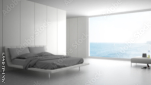 Blur background interior design, minimalist white bedroom with big panoramic window © ArchiVIZ