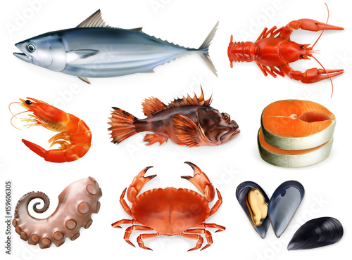 Fish, crayfish, mussels, octopus. 3d vector icon set. Sea food, realism style