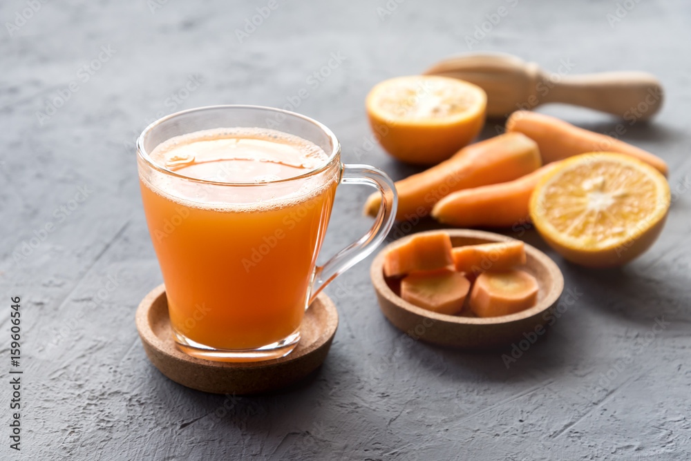 Fresh-squeezed carrot juice Healthy carrot juice Glass of tasty vegetables juice Detox juice
