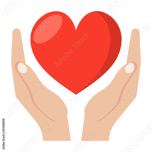 Heart care concept with hands and heart, vector icon in flat style