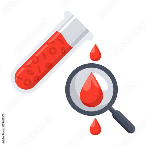 Hematology concept with red blood cell in test tube, magnifying glass and drop blood, vector illustration in flat style