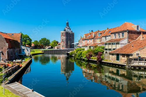 Houses along canal in Enkhuizen Netherlands