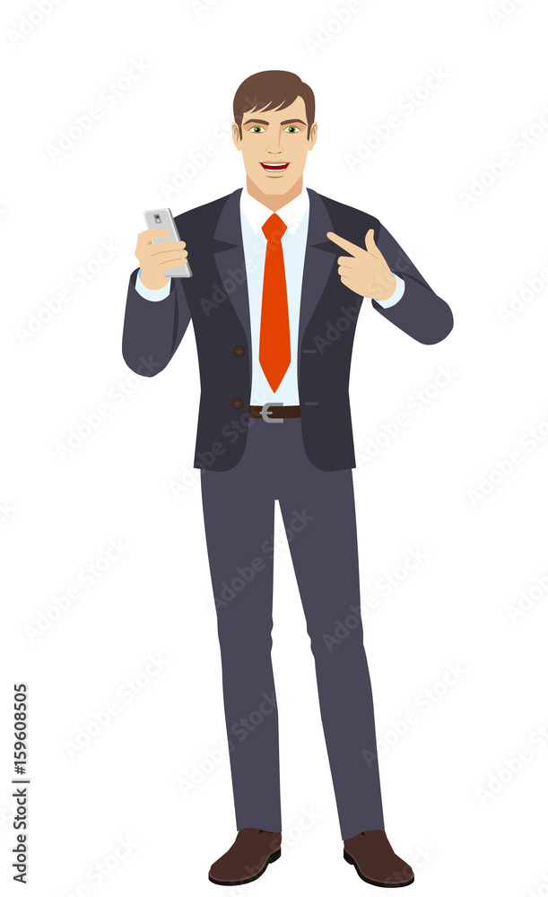 Businessman with mobile phone pointing at himself Businessman with mobile phone pointing at himself