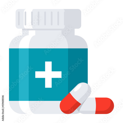 Pharmaceutical drugs and medicine tablets in bottle, vector illustration in flat style photo
