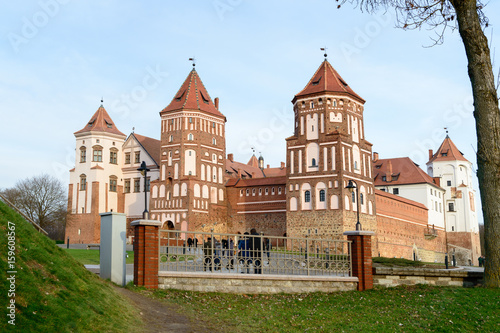 Grand view to Mir Castle in Minsk region - historical heritage of Belarus. UNESCO World Heritage. Traveling on Belarus. Ancient castle in town.