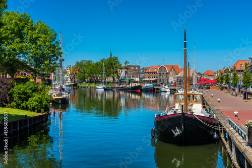 Ships in Canal in City Center of Enkhuizen Netherlands