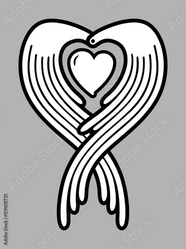 Guardin angel`s wings protecting human heart God`s love vector linear illustration isolated on white photo