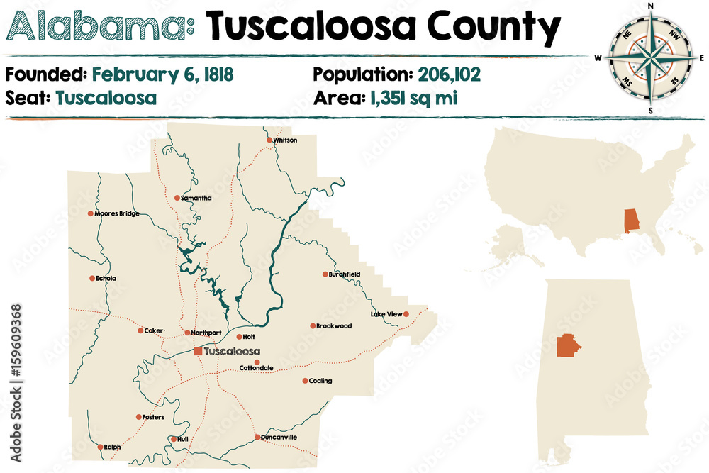 Obraz premium Large and detailed map of Tuscaloosa County in Alabama.